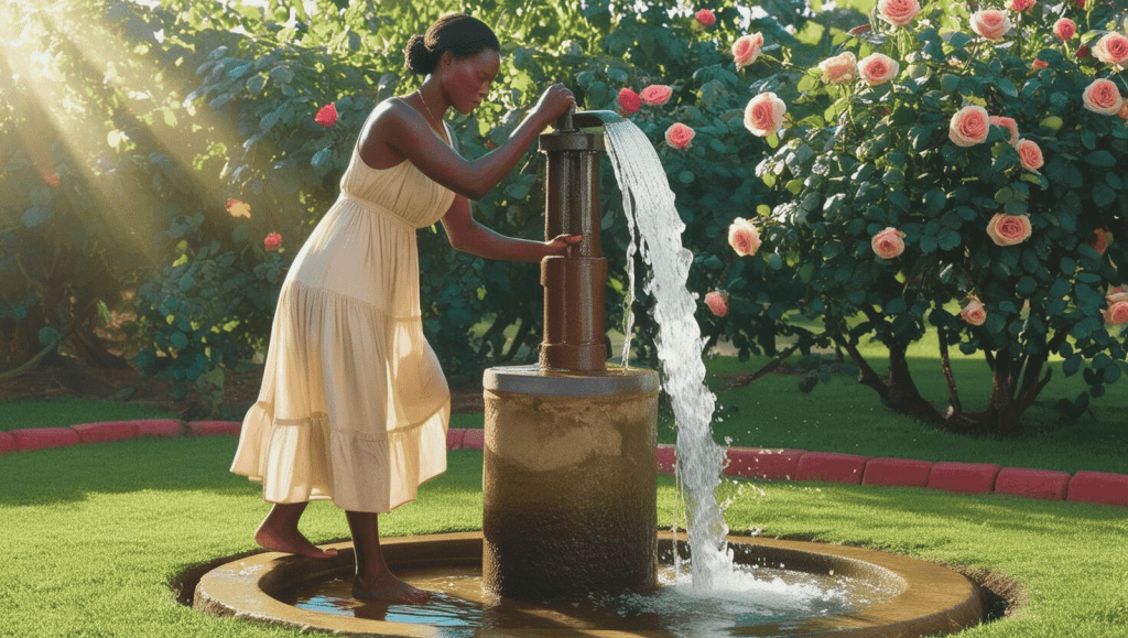 woman pumping water to receive more blessing 